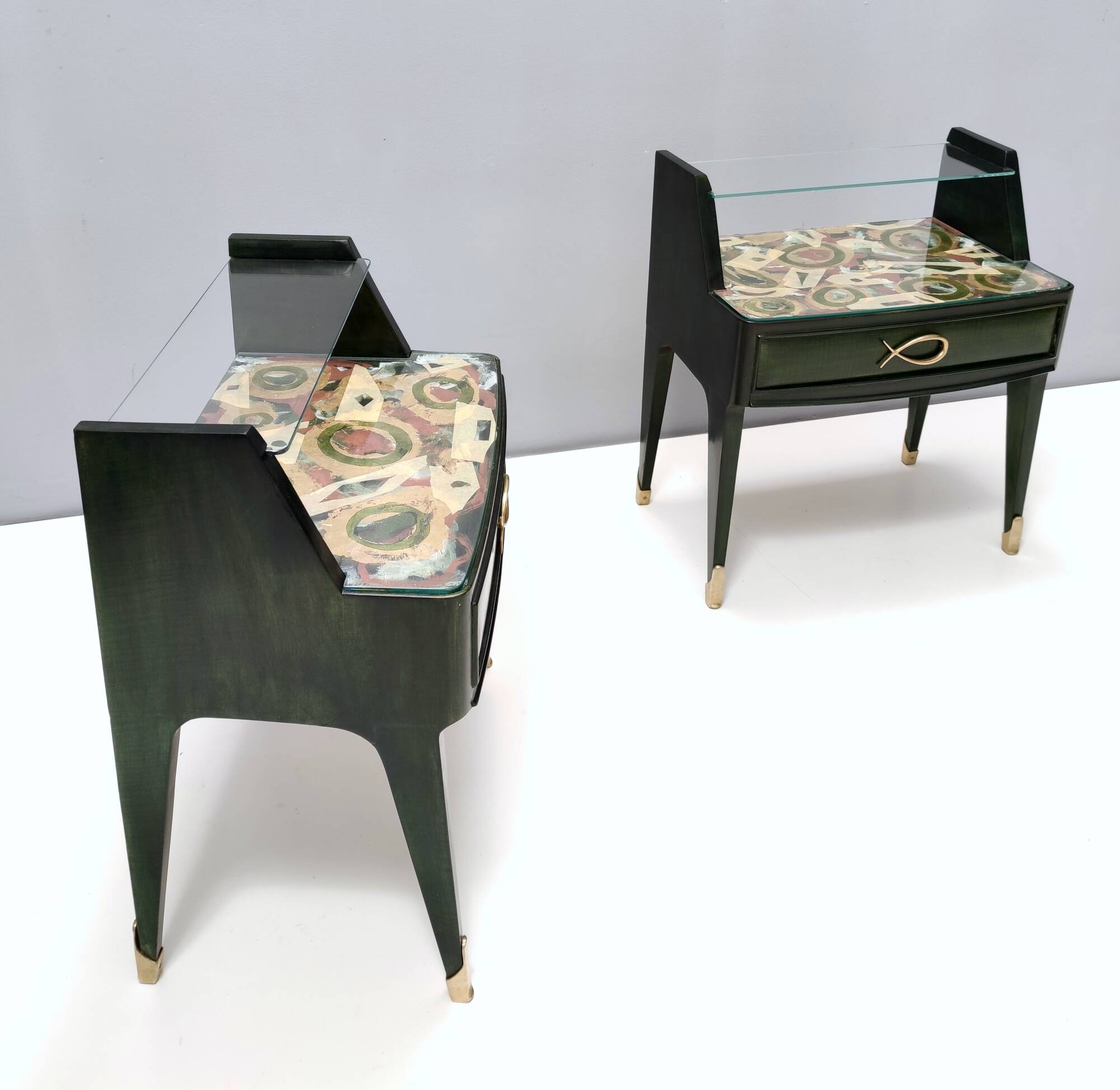 Pair of Dark Green Wooden Nightstands in 1950s Style with a Decorated Top,