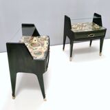 Pair of Dark Green Wooden Nightstands in 1950s Style with a Decorated Top,