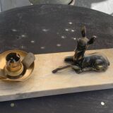 Table lamp, Biche, fawn in gilded brass on a beige marble base, art deco Velvet underside