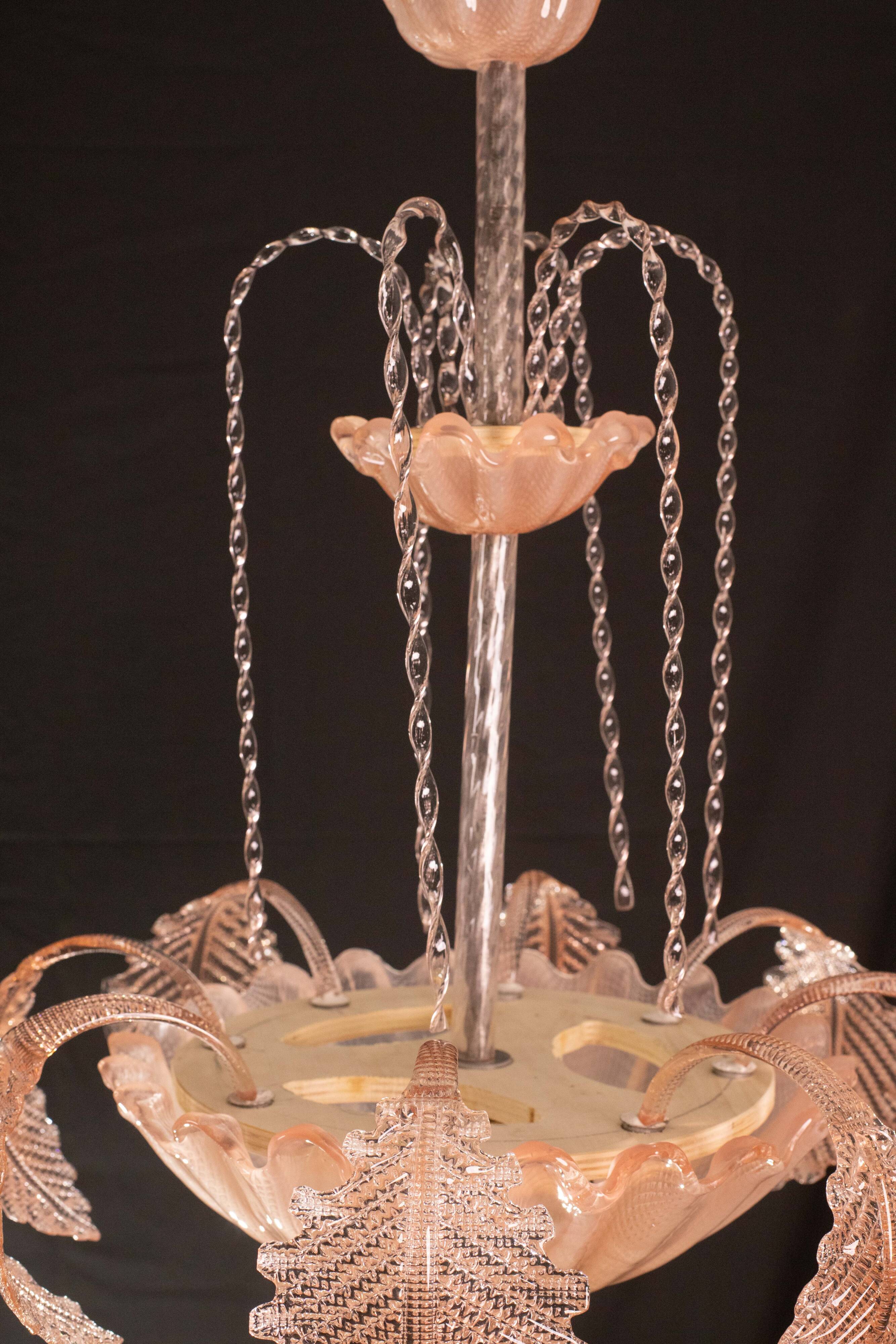 Pink Art Decò Barovier e Toso "Fountain" Pendant Light, Murano Glass, 1940s