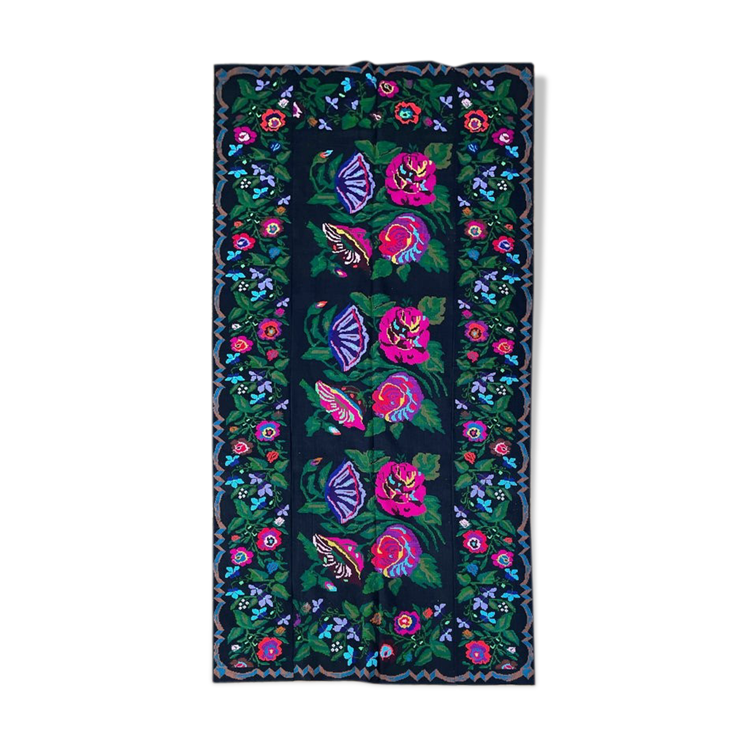Handwoven Romanian rug with colorful bohemian floral design 294x146cm