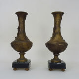 Pair of art nouveau vases in regulation on marble base signed l and f moreau