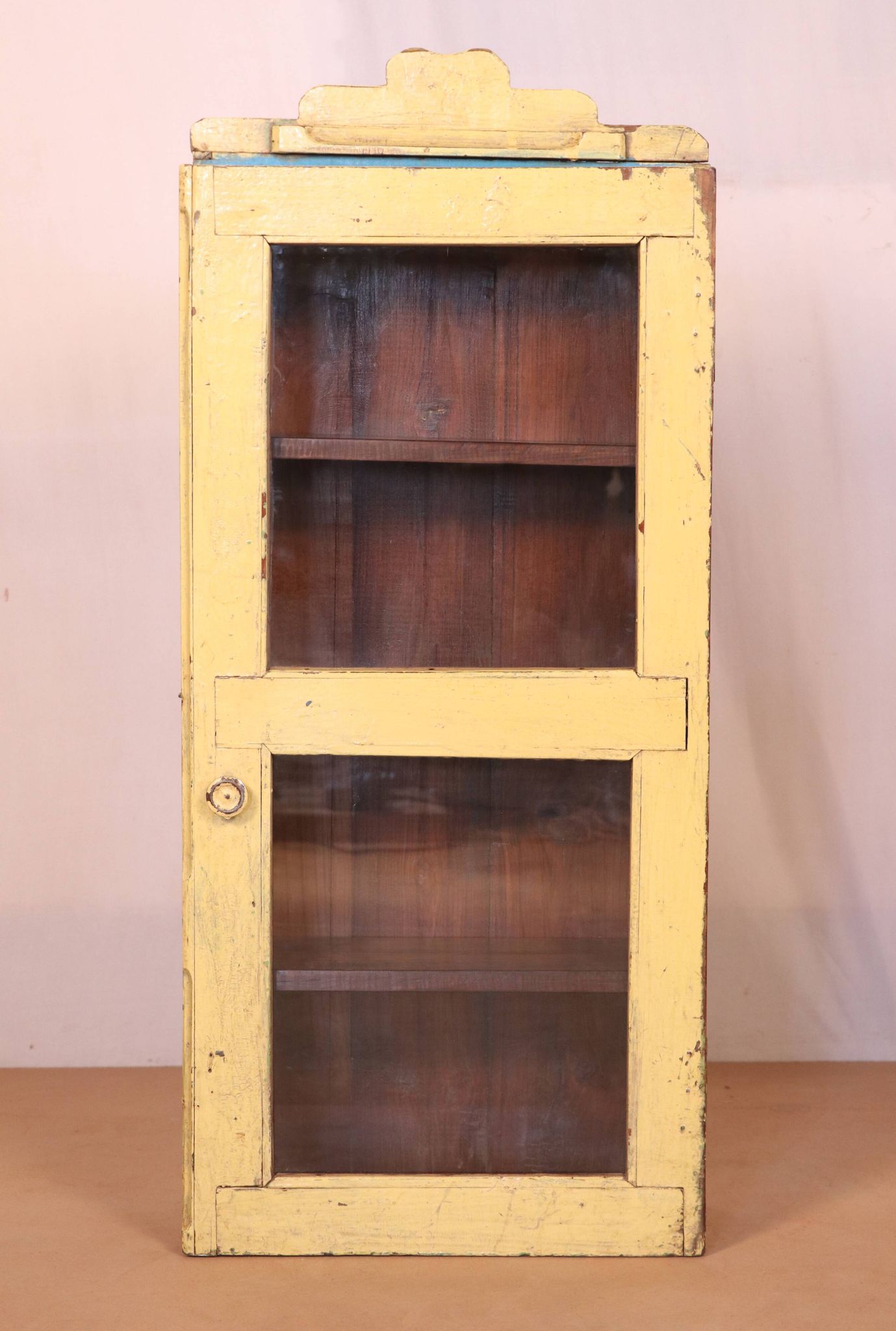 old Art Deco wall showcase in original yellow teak