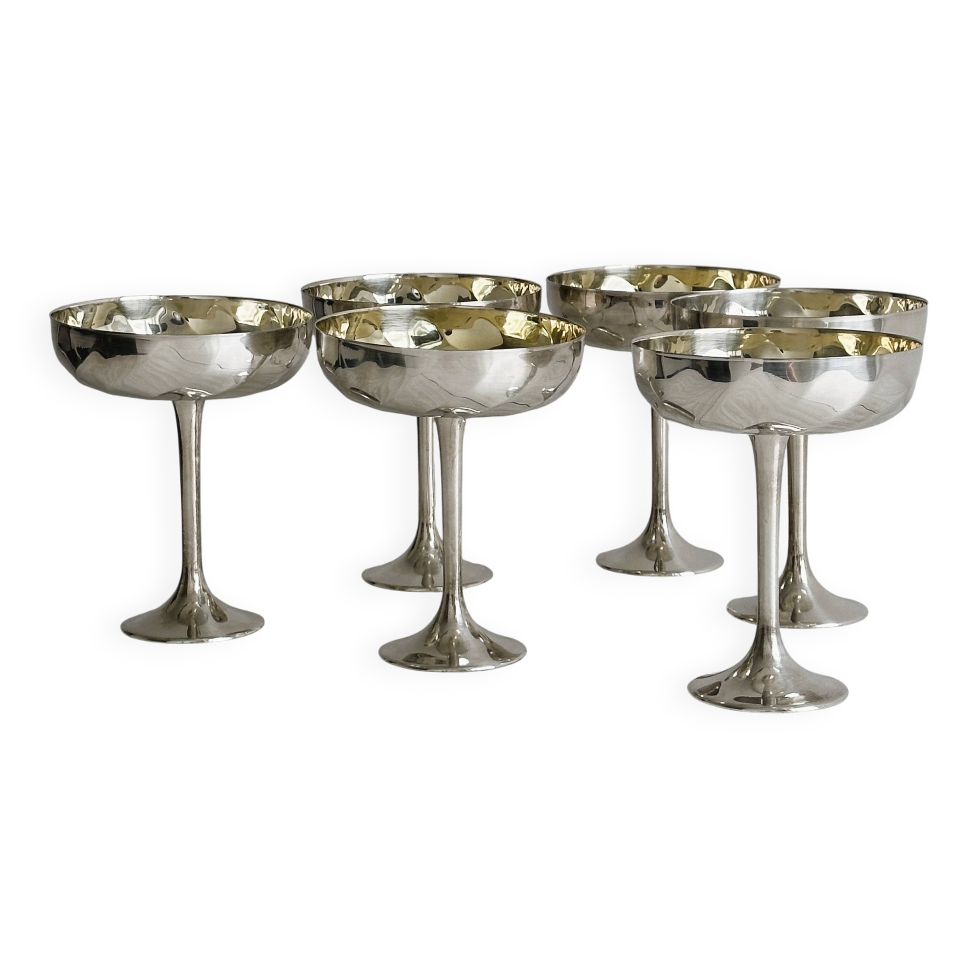 6 shiny metal footed bowls