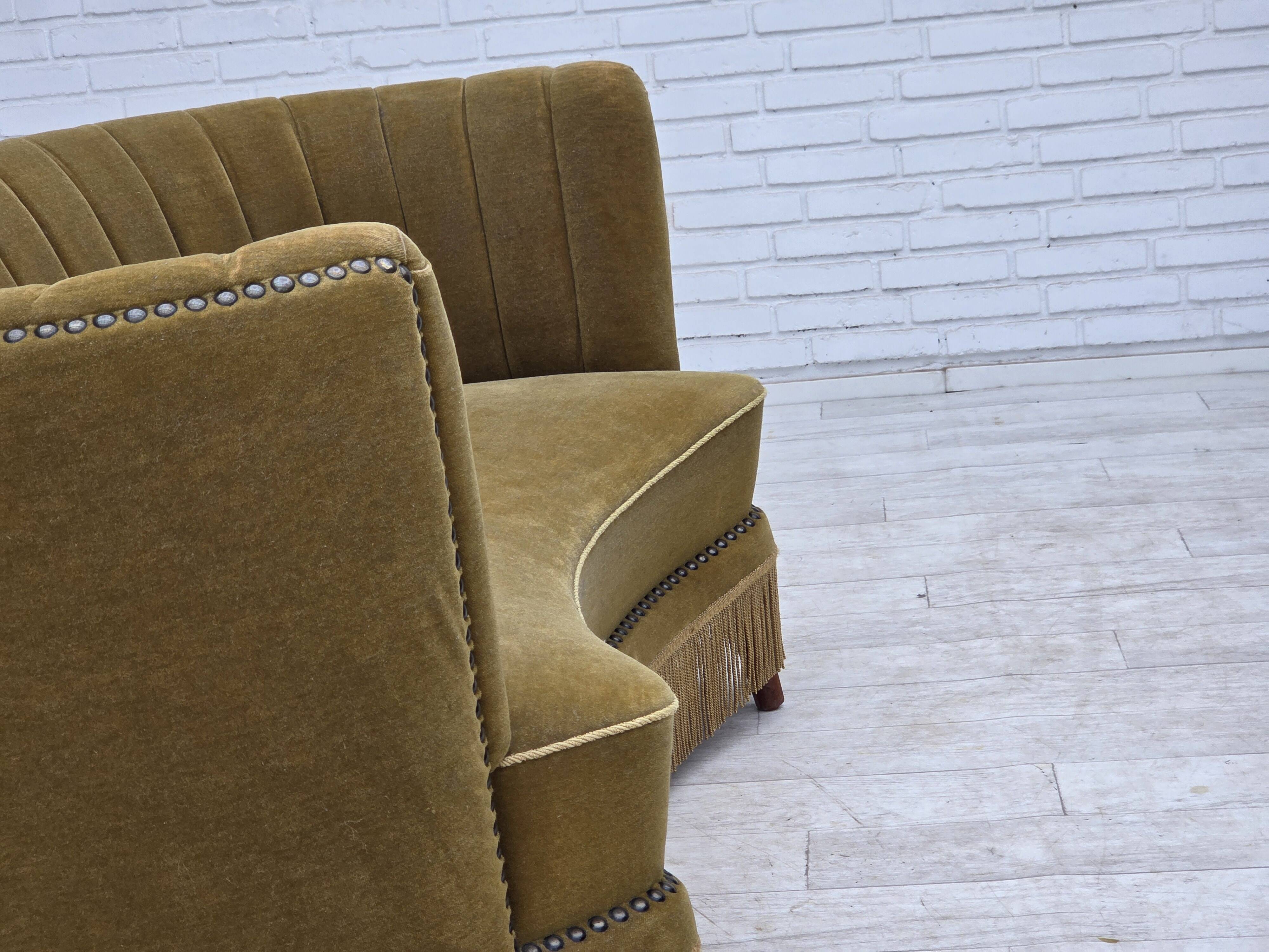 1970s, Danish 2-seater "Banana" sofa, green furniture velour.