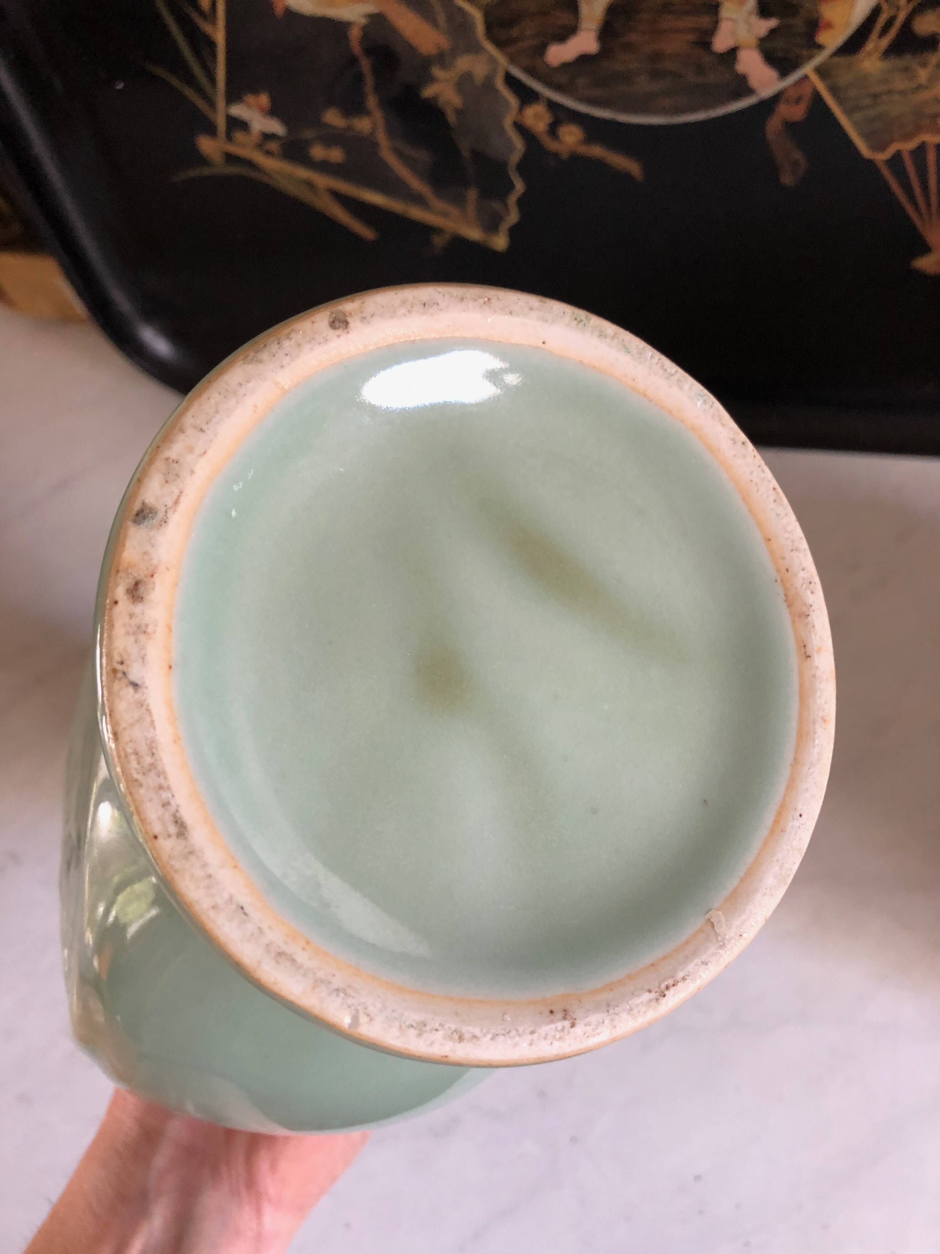 Bianhu Gourd Vase with handles Celadon porcelain/Relief decorations/China Qing dynasty late 19th century