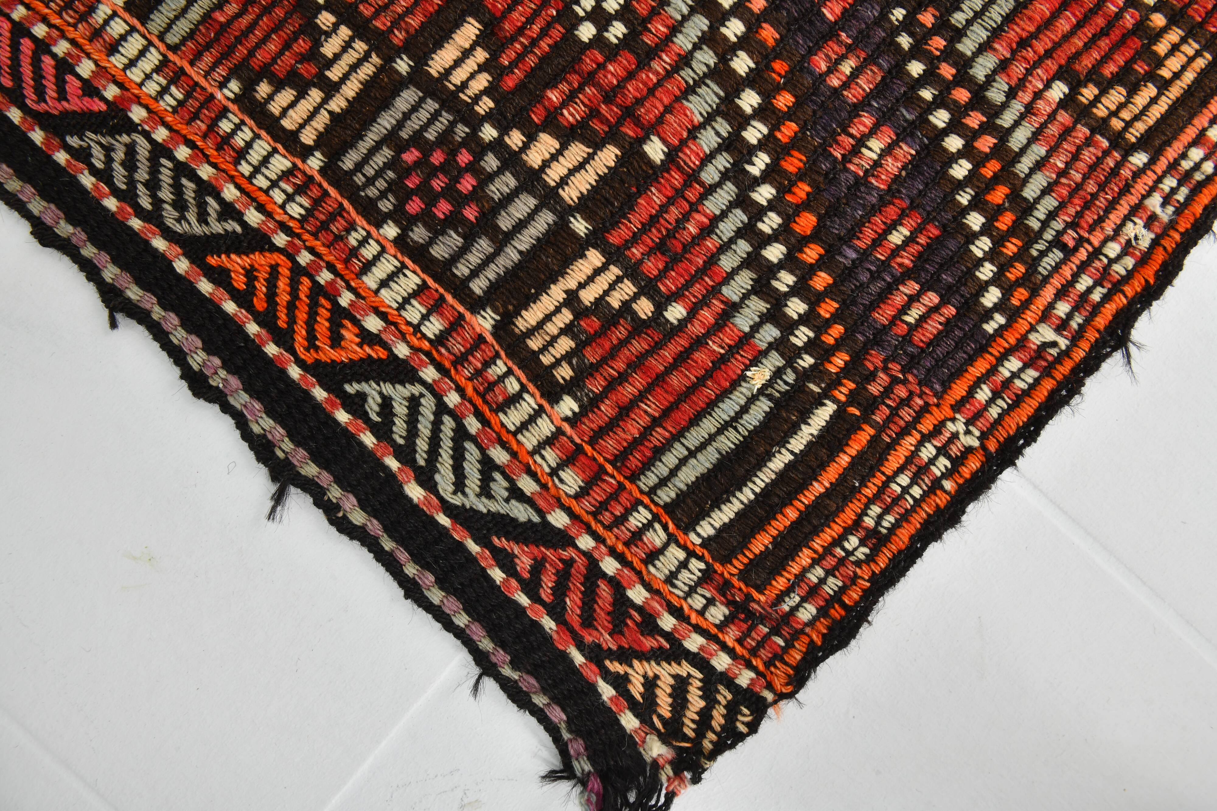 7x11 Kilim Dark Brown Large Area Handwoven Kilim Rug, 218x320 Cm