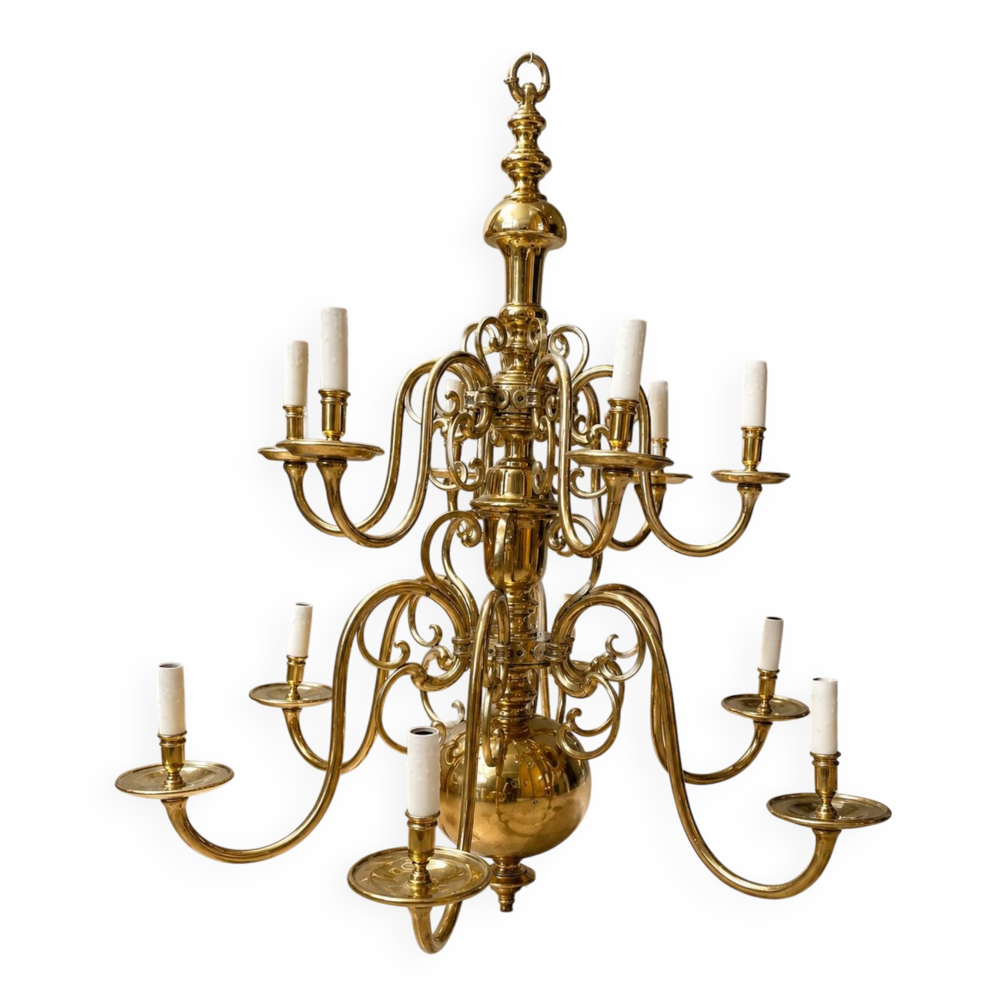 Large Dutch brass chandelier, 12 lights