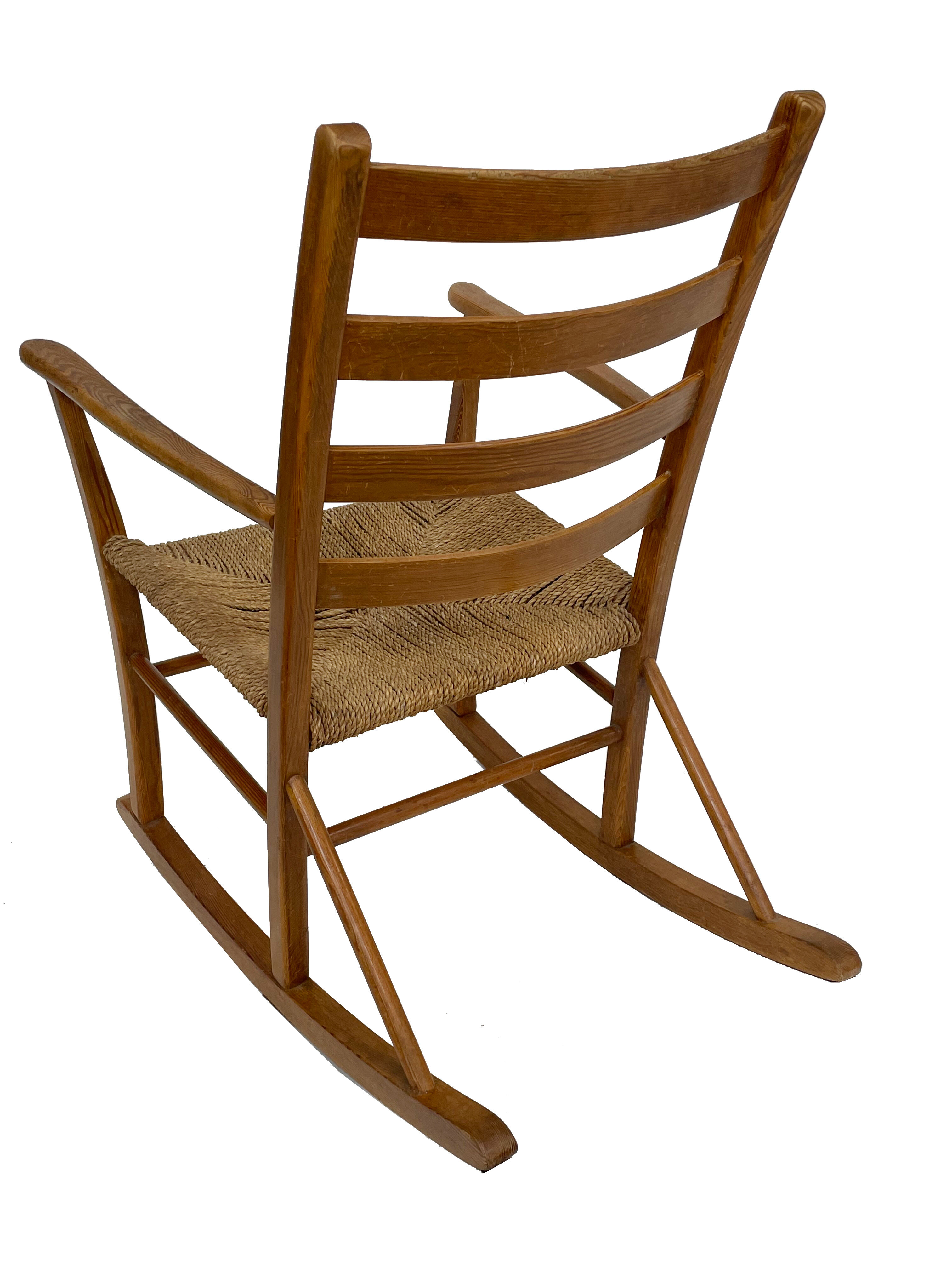 Mid century pine & sisal rocking chair, 1950s