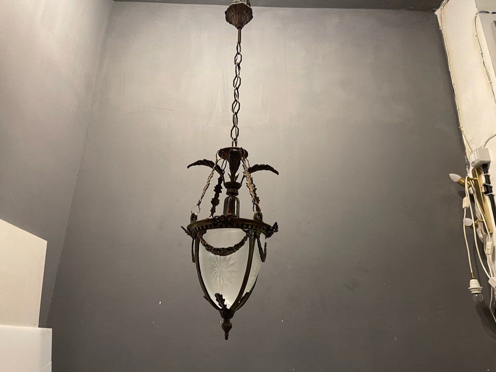 Bronze etched glass light pendants, 1970
