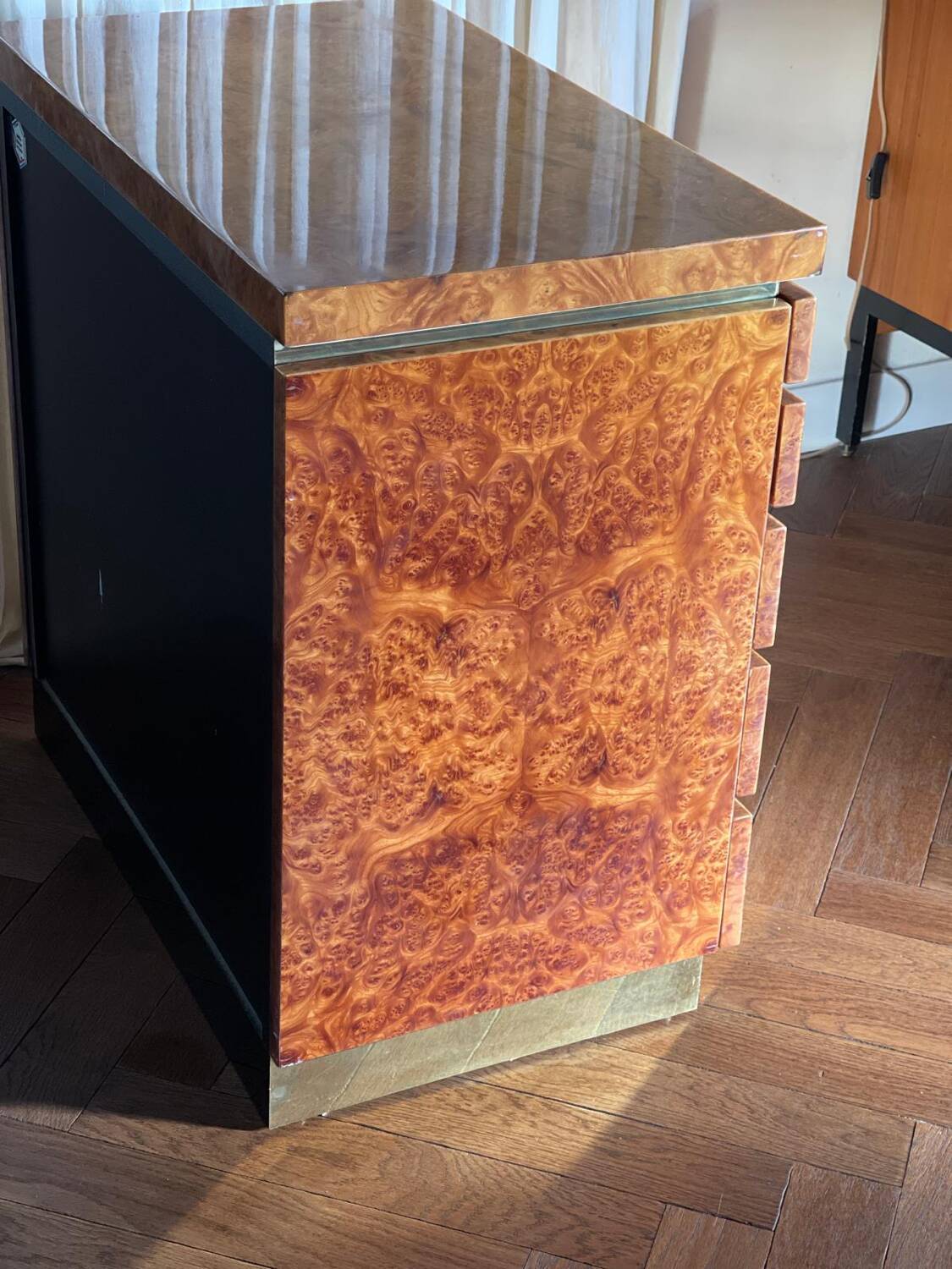 Lacquered elm burl chest of drawers by Jean Claude Mahey, 1970s.