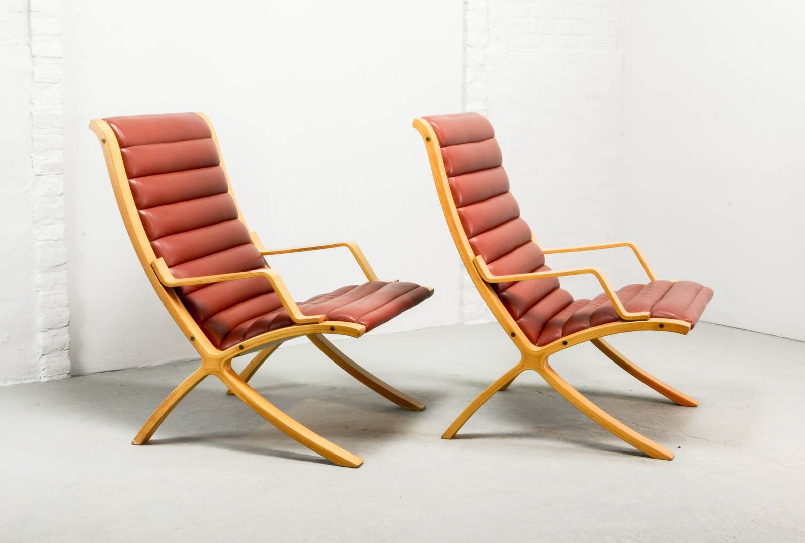 Padded Red Leather High Back AX Lounge Chairs by Hvidt and Molgaard Nielsen