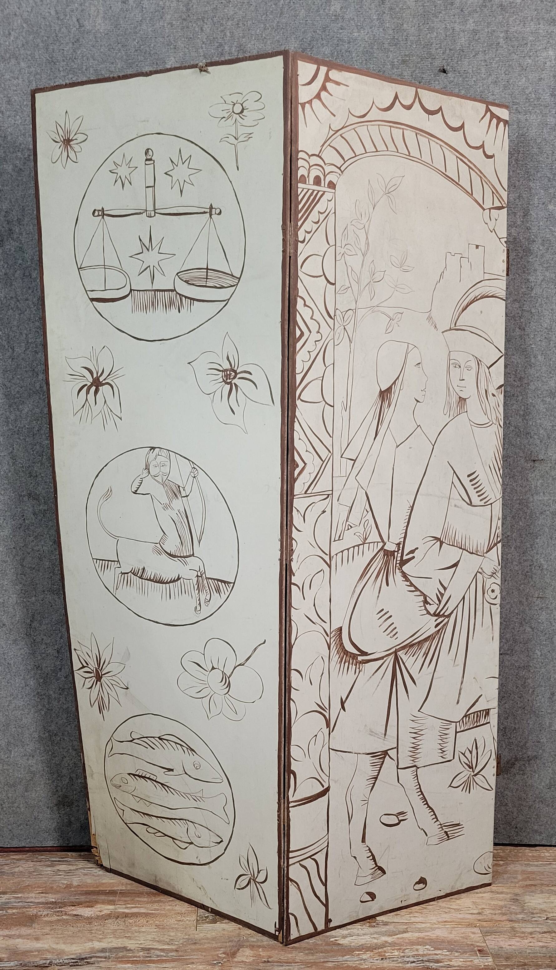 Two-leaf screen depicting a historical figure and symbols