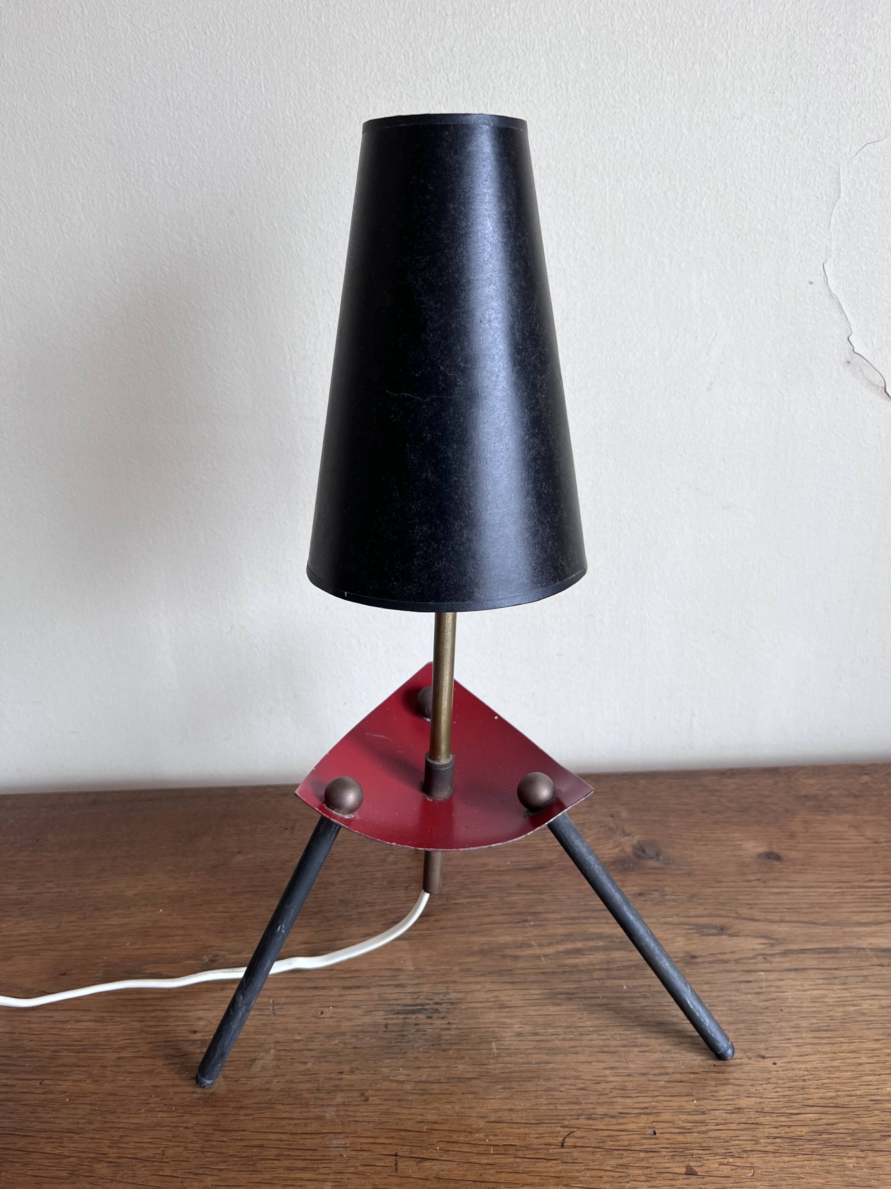 1950s modernist tripod lamp made of sheet metal and brass.