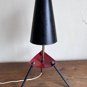 1950s modernist tripod lamp made of sheet metal and brass.