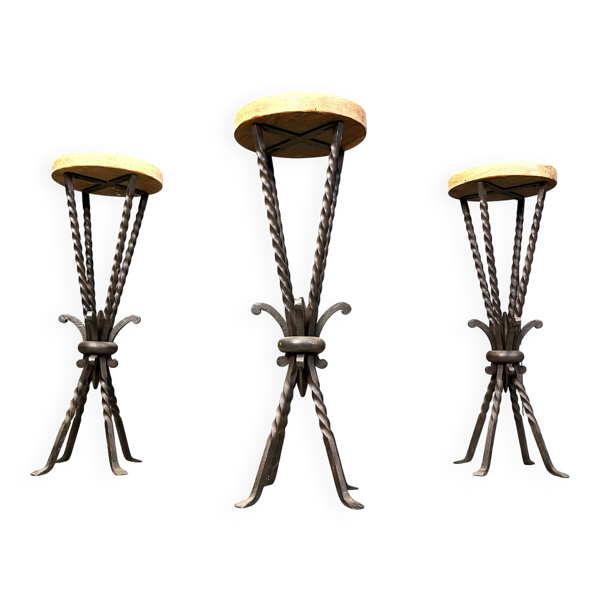 Tabourets de bar en fer forgé vintage français, années 1960 - ensemble de 3