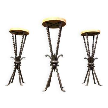 Tabourets de bar en fer forgé vintage français, années 1960 - ensemble de 3