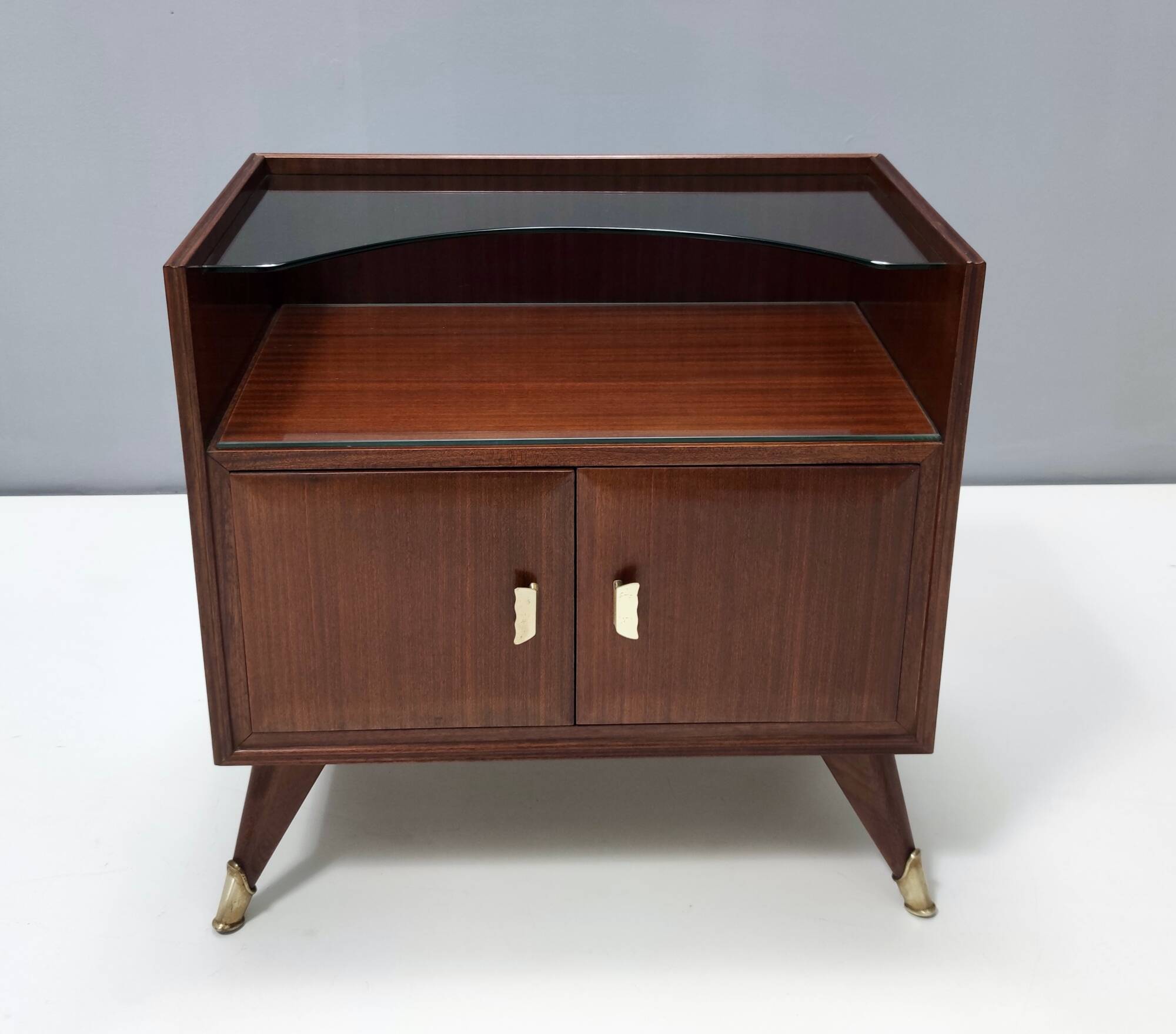 Pair of Elegant Walnut Nightstands with a Crystal Top Shelf