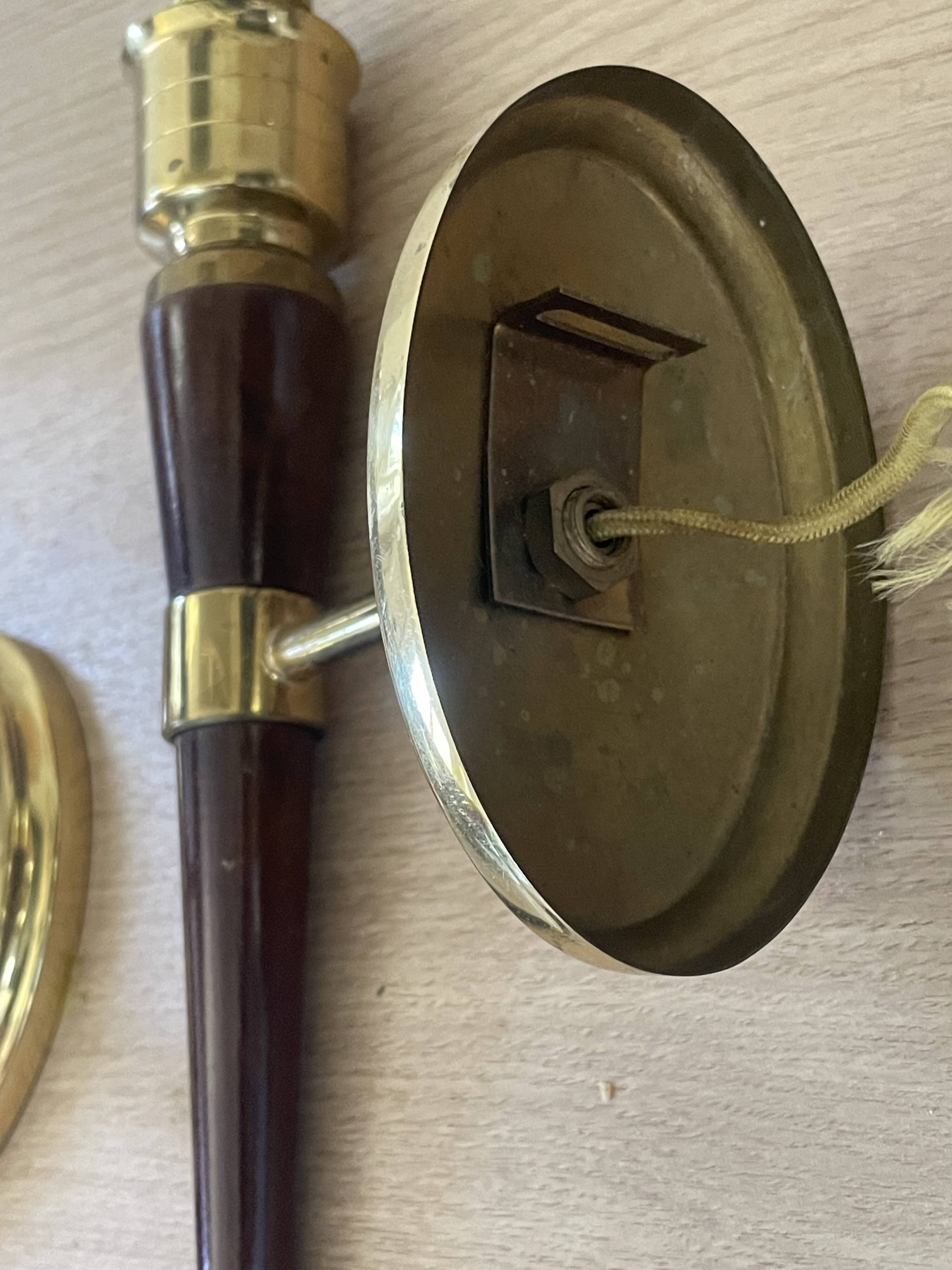 Pair of wall lights in wood, brass, and pink opaline.