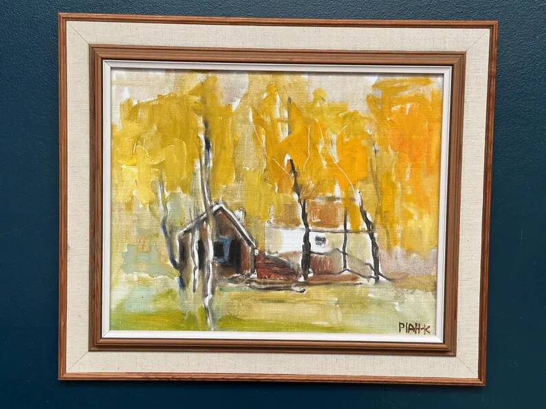 Original Swedish Oil on Canvas – "Houses and Trees in Autumn" by Pia H. Campbell