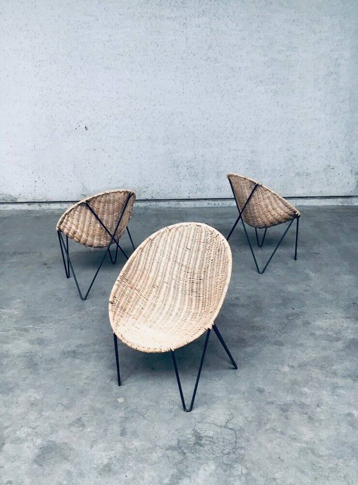 Mid-Century Modern Design Egg Basket Wicker Chairs, Italy, 1950s, Set of 3
