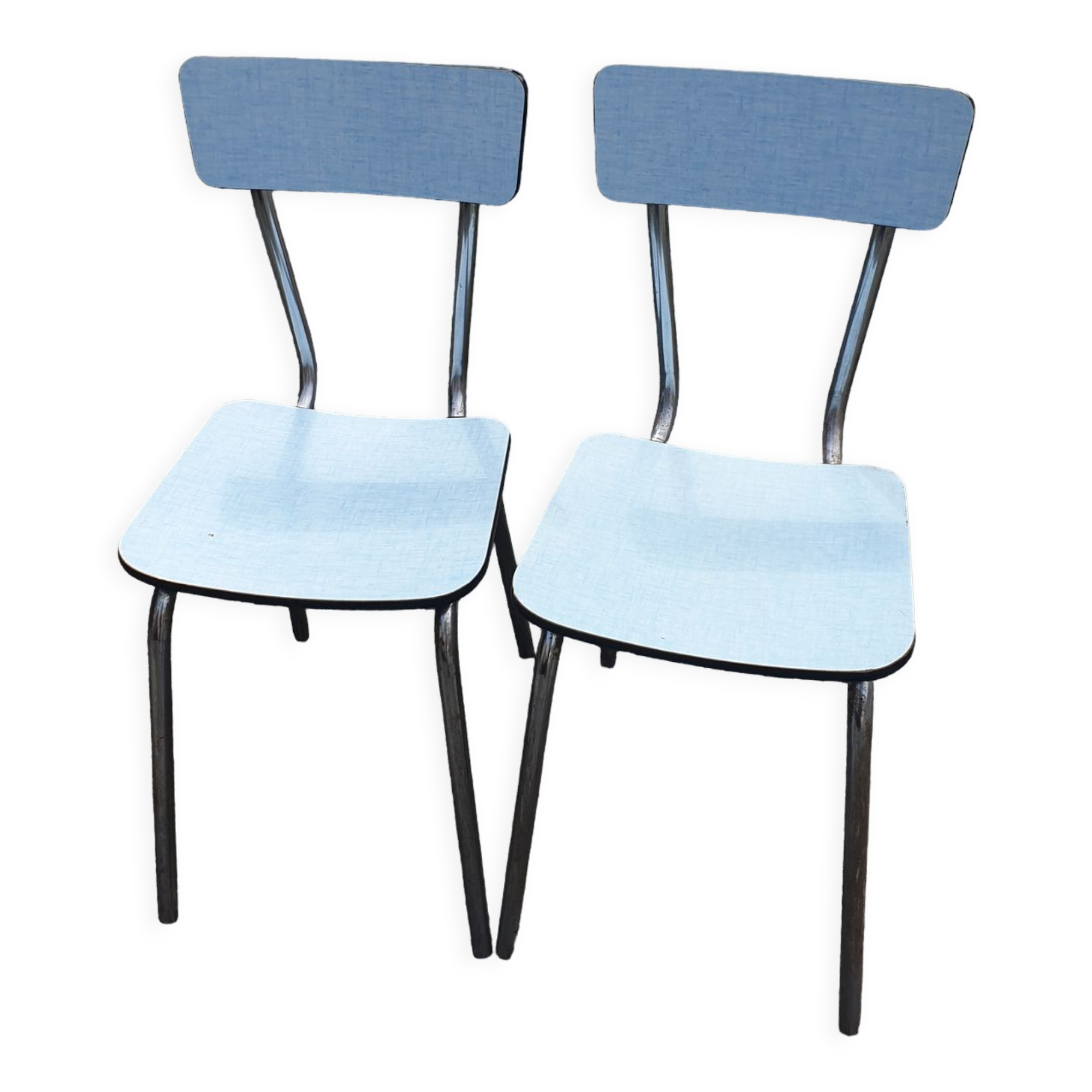 2 sky blue Formica chairs
