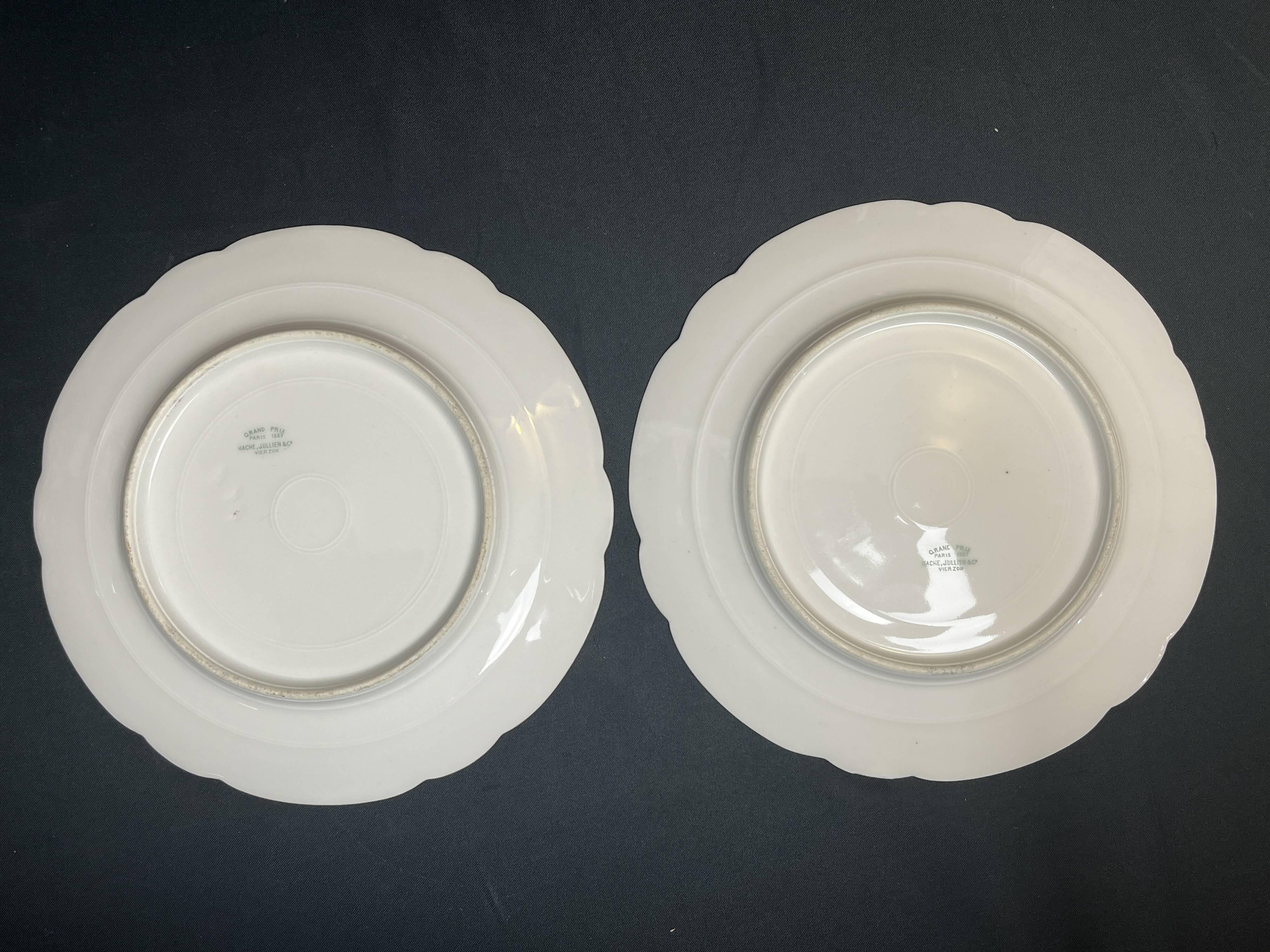 Pair of Hache Jullien plates, fine earthenware, castle decor, early 20th century