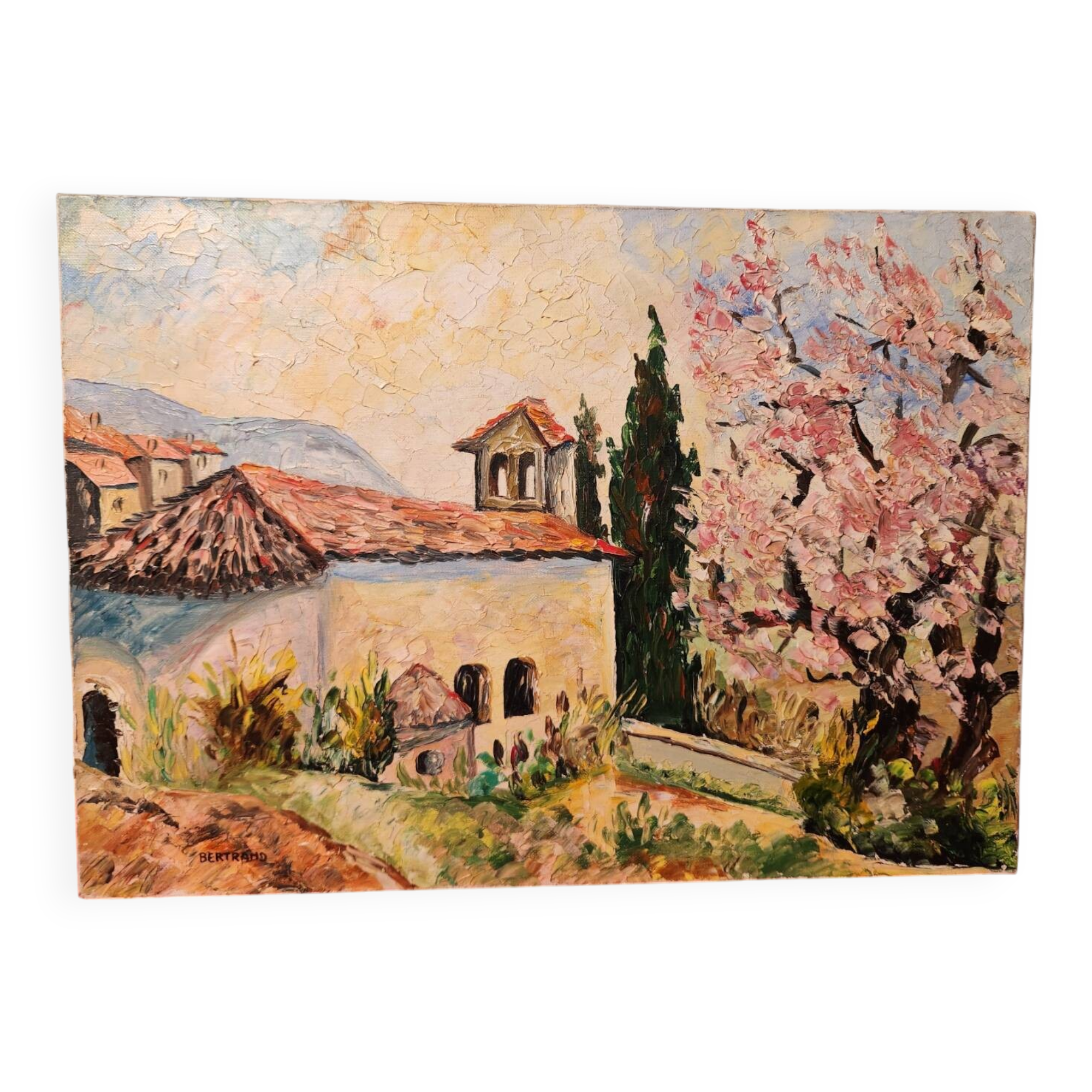 Oil painting on canvas Chapel Antonaves Hautes Alpes signed Bertrand