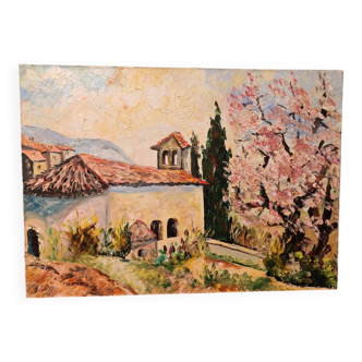 Oil painting on canvas Chapel Antonaves Hautes Alpes signed Bertrand