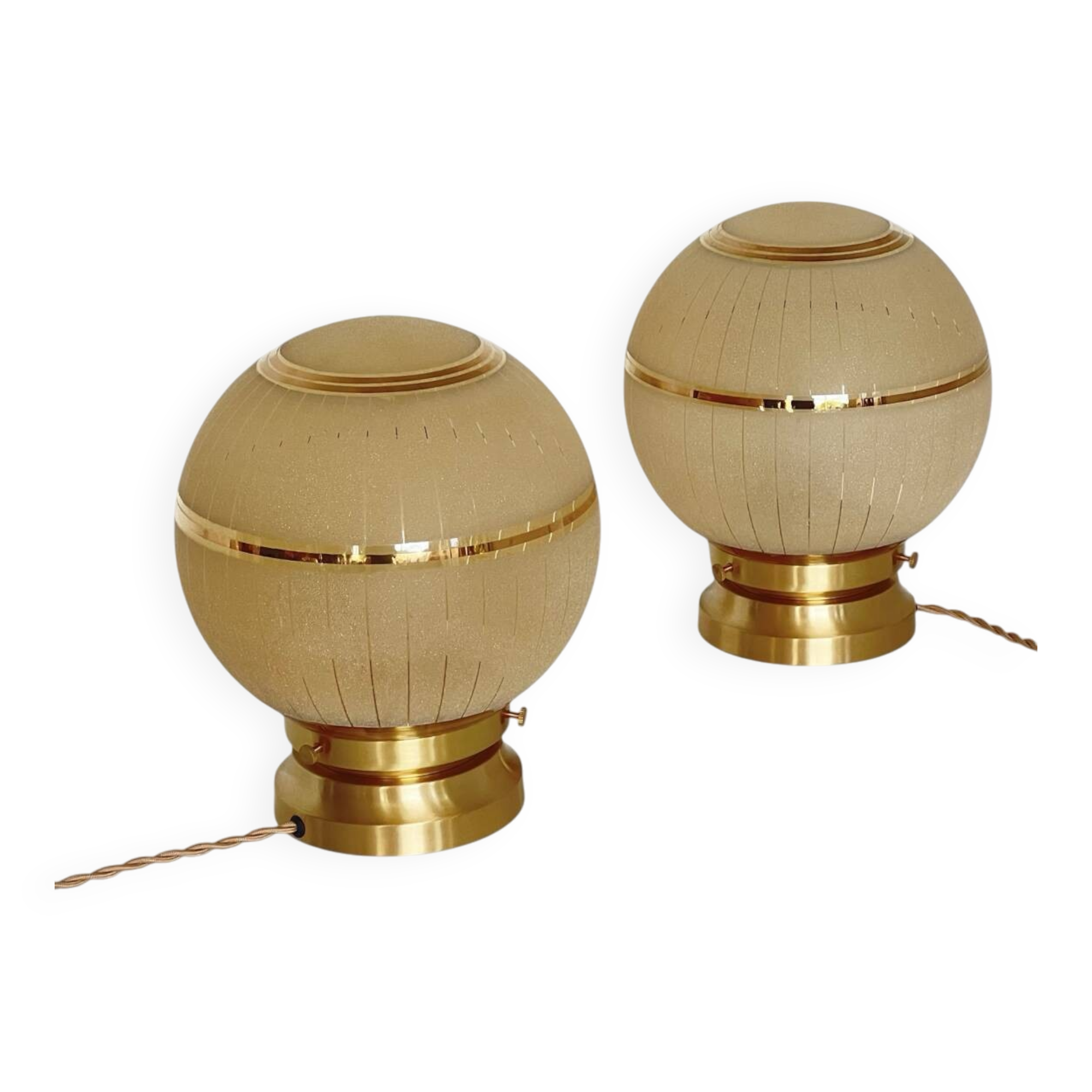 Pair of large art deco globe table lamps with brass legs