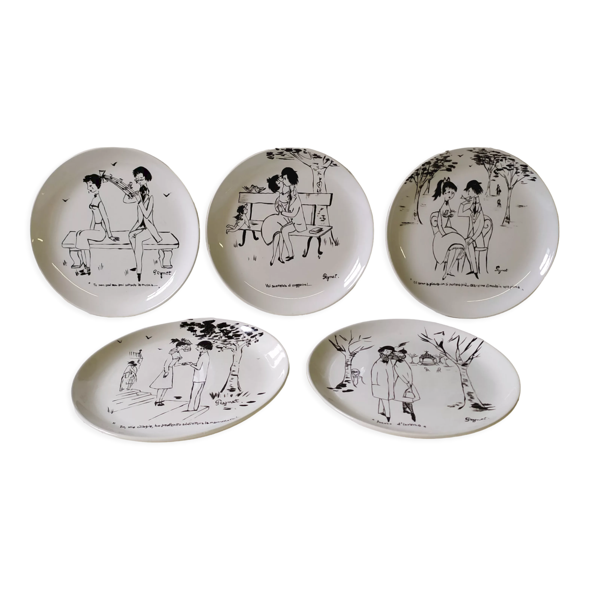 Hand-Painted Plates by Raimond Peynet for SCI Laveno, 1960s, Set of 5