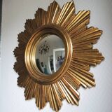 Ancien miroir soleil / sorcière doré à la feuille