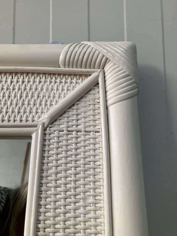 Miroir vintage en rotin et bambou blanc cassé, années 70/80