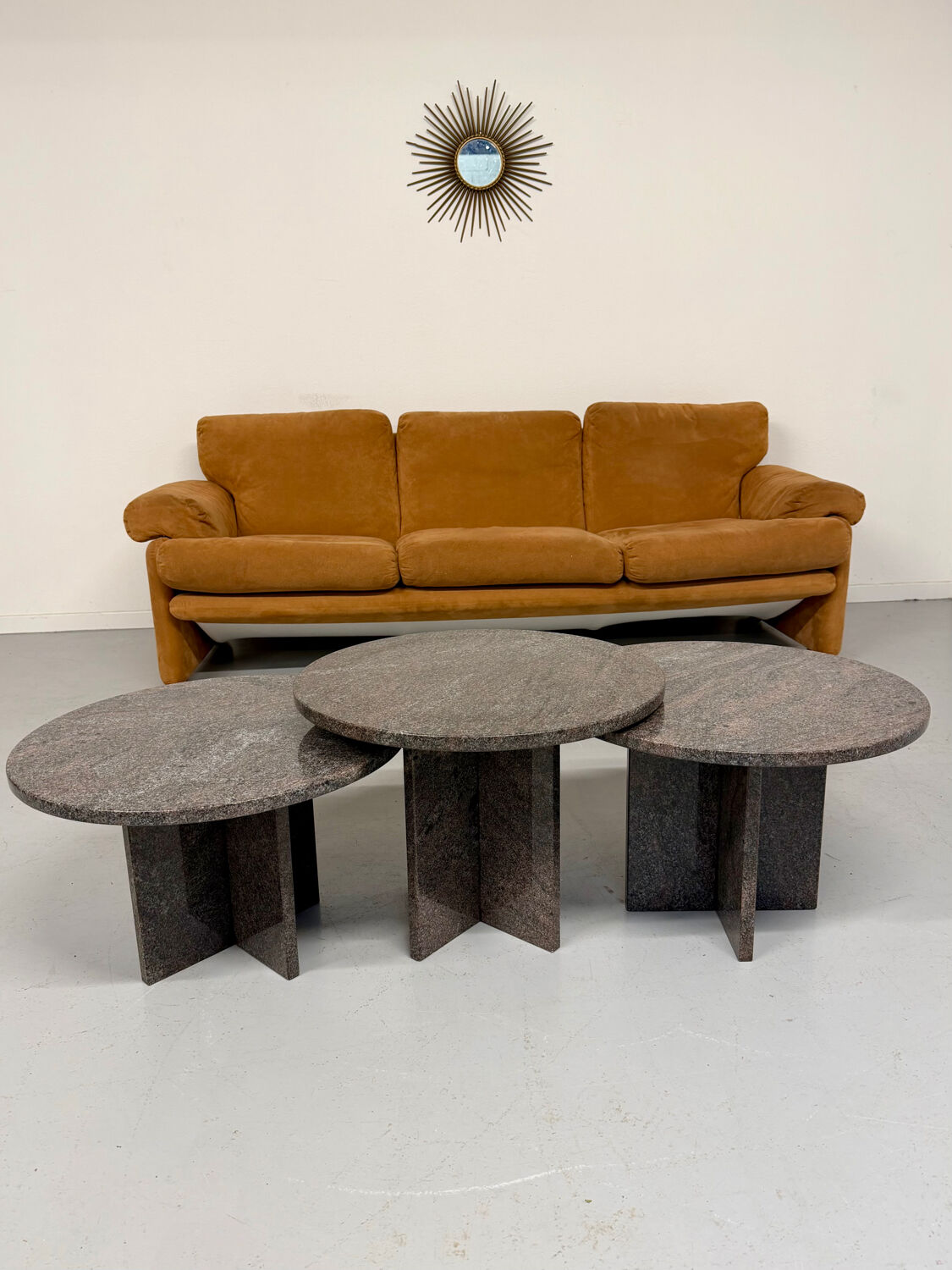 Vintage 1970s design round granite nesting coffee table with 3 elements.