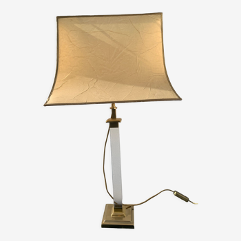 Lampe en plexiglas et laiton avec abat jour en papier d'origine forme pagode