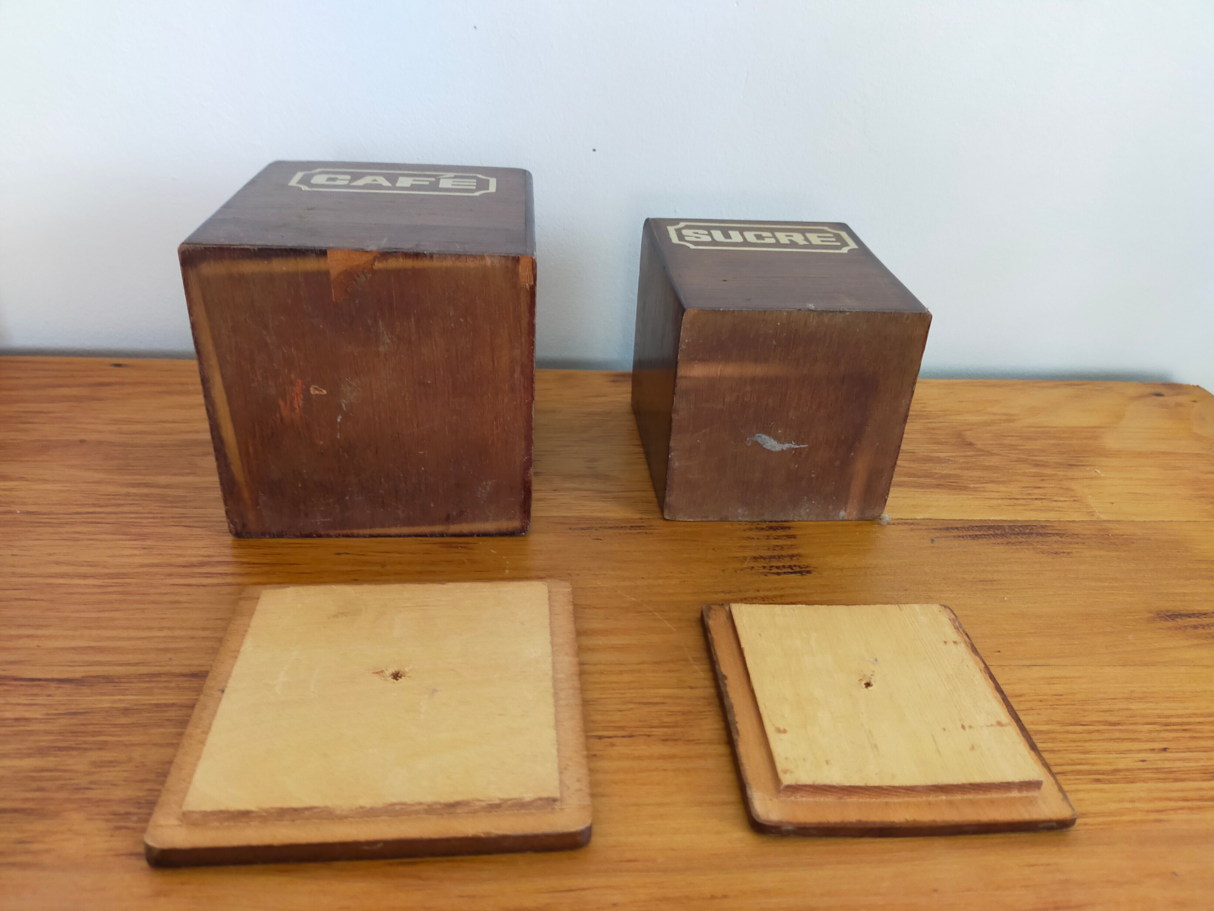 Vintage wooden spice boxes old coffee sugar