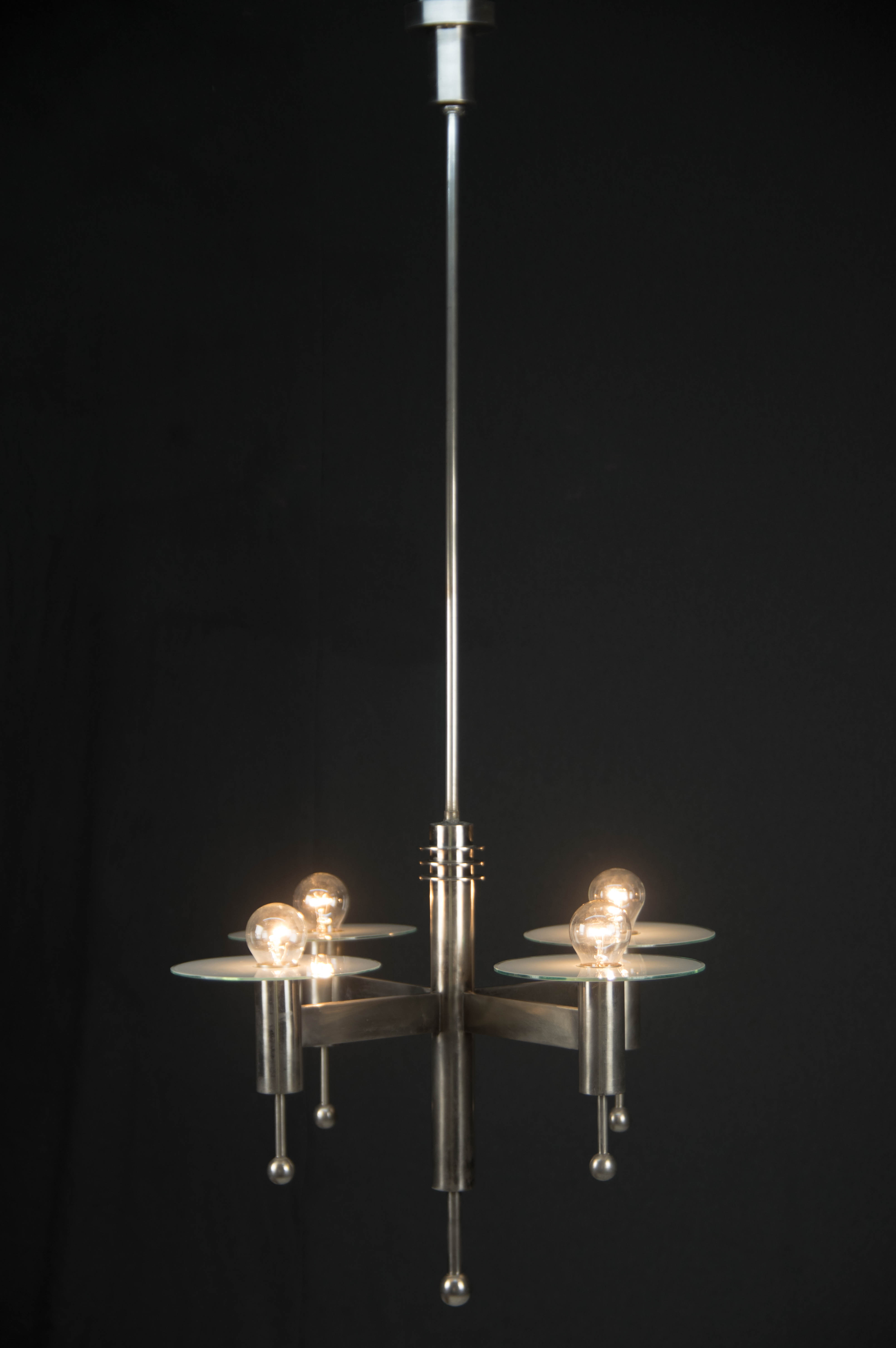 Art Deco or Bauhaus Nickel-plated 4-flamming chandelier, 1920s