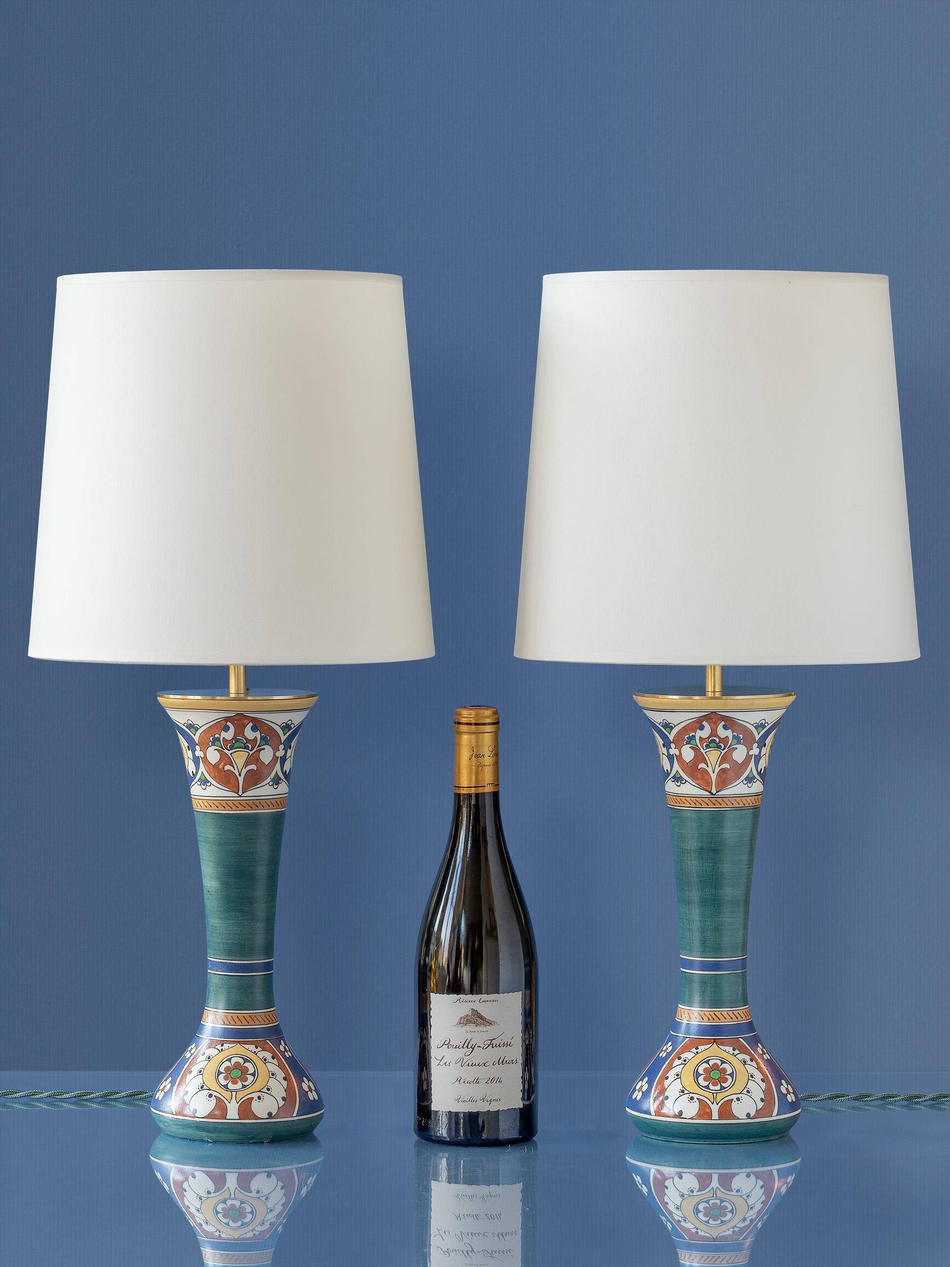 Pair of hand-painted ceramic table lamps in Dutch Art Nouveau–Art Deco style, 1910–1917.