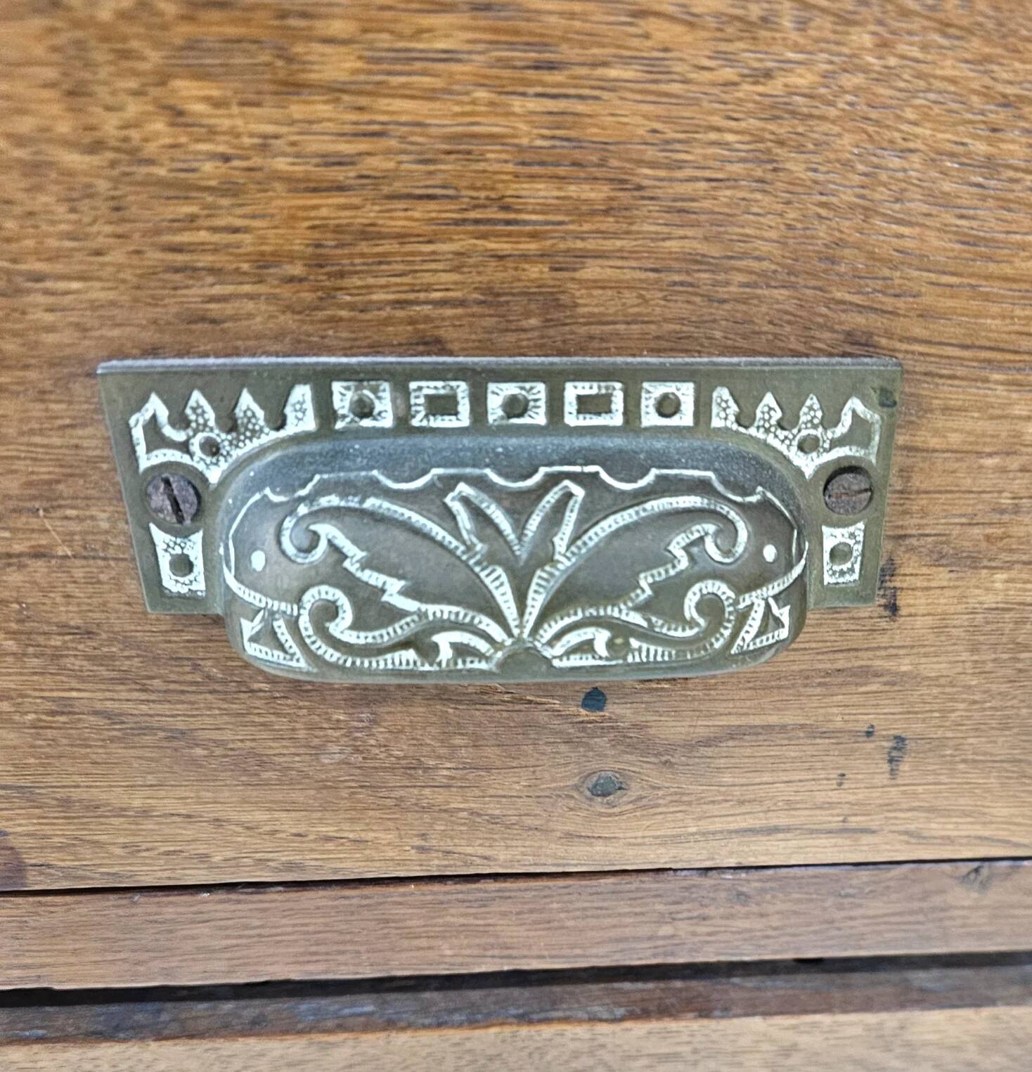 Victorian oak desk / Bin or drawer cup pull by P. & F. Corbin / 1895