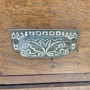 Victorian oak desk / Bin or drawer cup pull by P. & F. Corbin / 1895