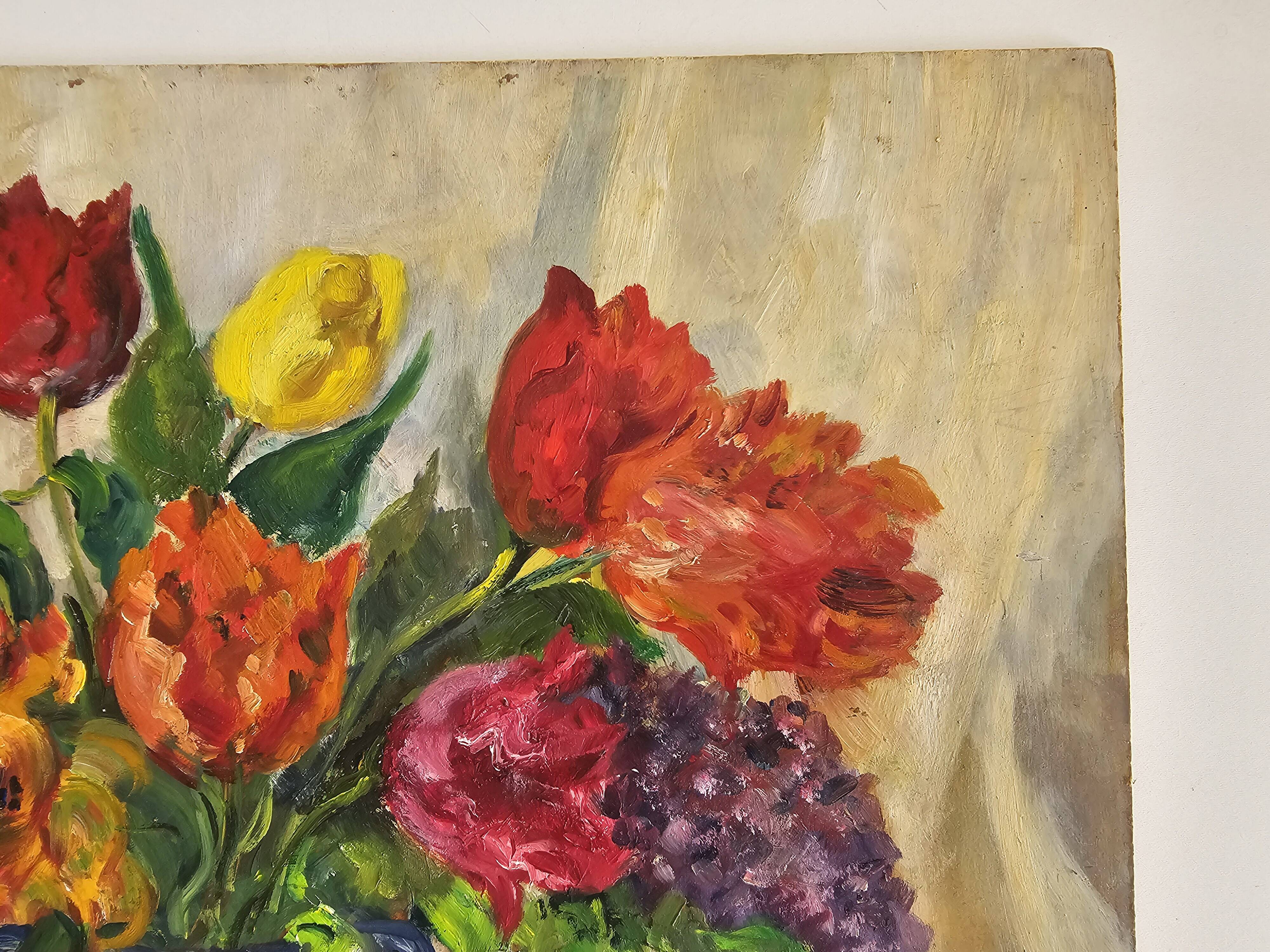 Oil Painting on Isorel - Bouquet of Tulips & Lilacs Signed J Baud
