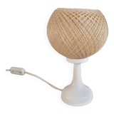 60's table lamp with tulip base and stretched wire shade.