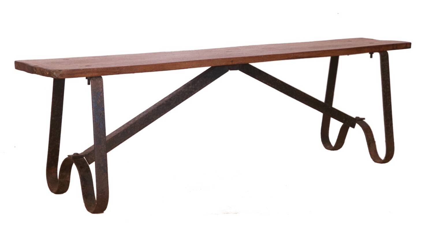Old bench in Burmese teak with a wrought iron base.