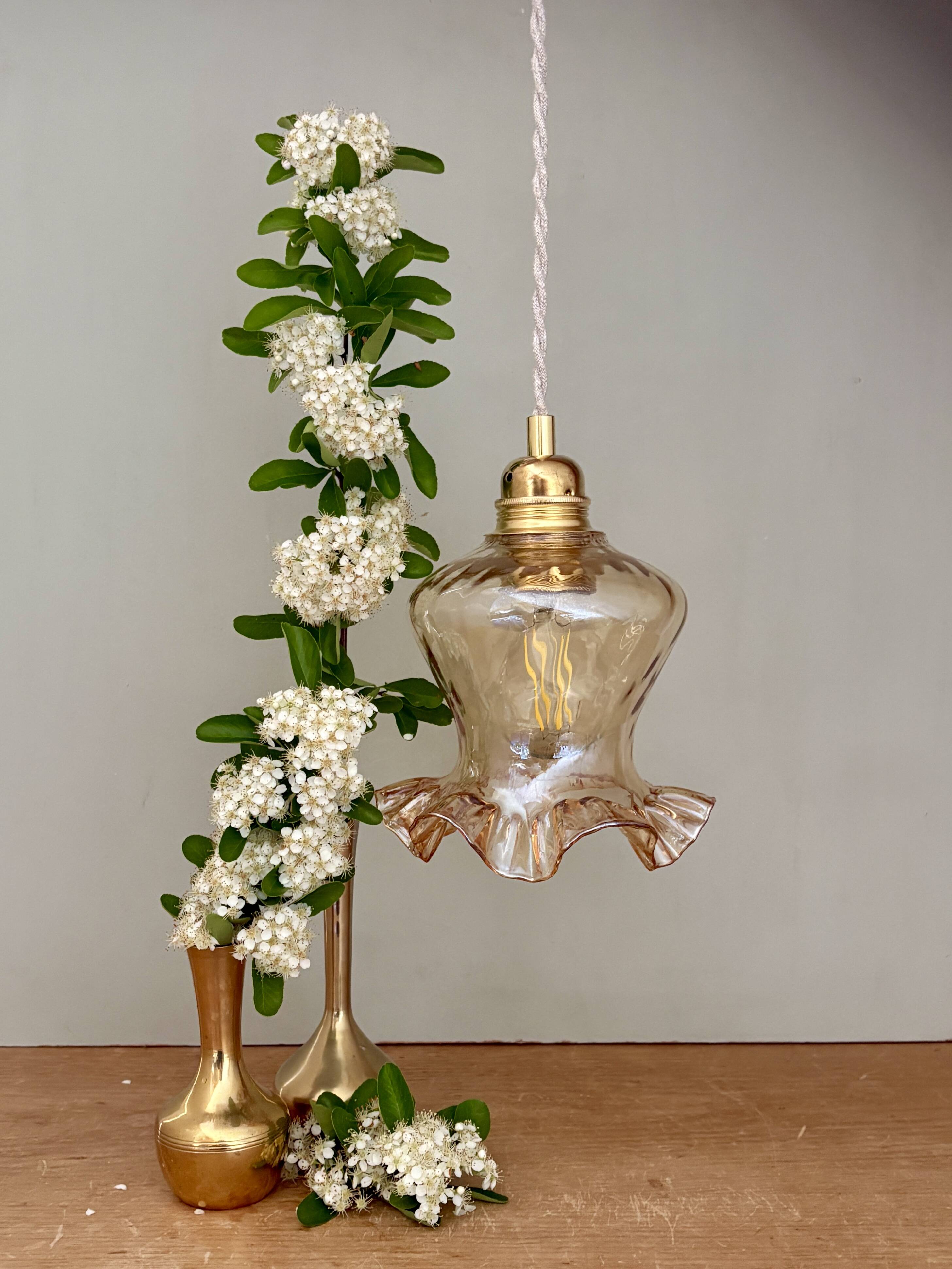 Vintage tulip pendant light in amber glass