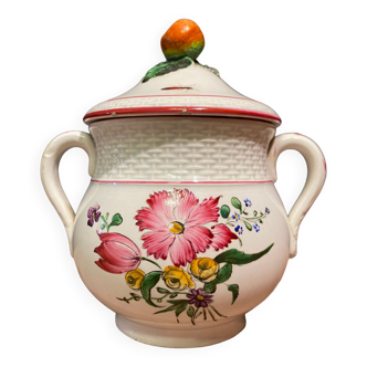 Bouillon pot covered earthenware of the East floral decoration with insect Les Islettes