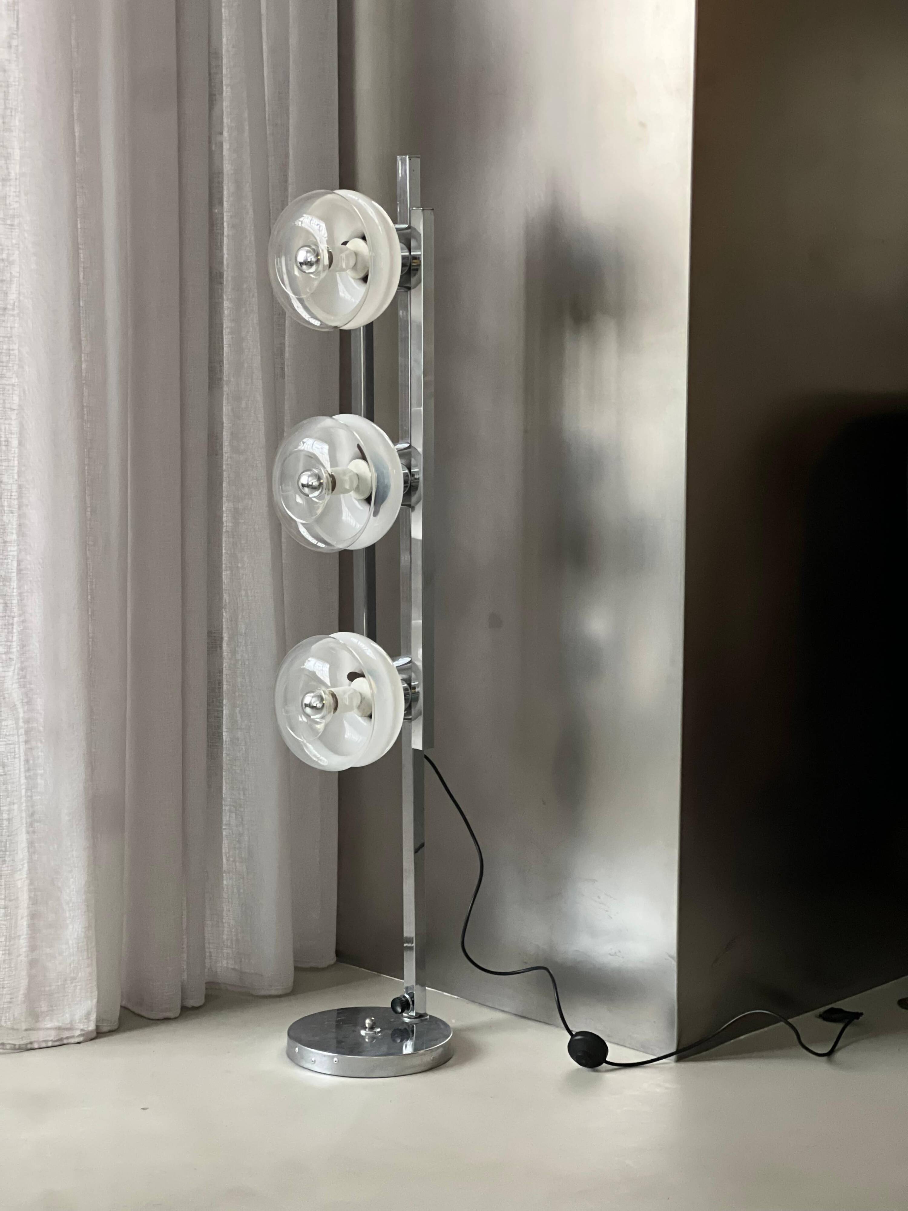 Vintage Italian Floor Lamp in Chromed Metal and Glass with Three Faded Shades
