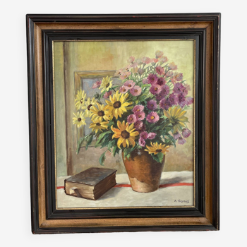 Large, charming, still life with bouquet, oil painting, flowers, vase, book, mirror, signed