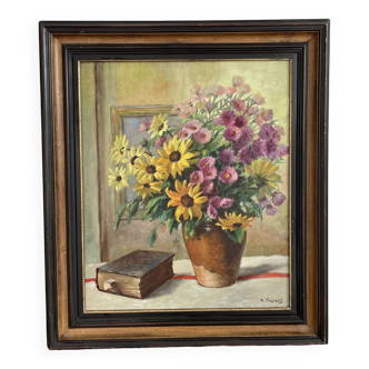 Grande, charmante, nature morte au bouquet, peinture à l'huile, fleurs, vase, livre, miroir, signé