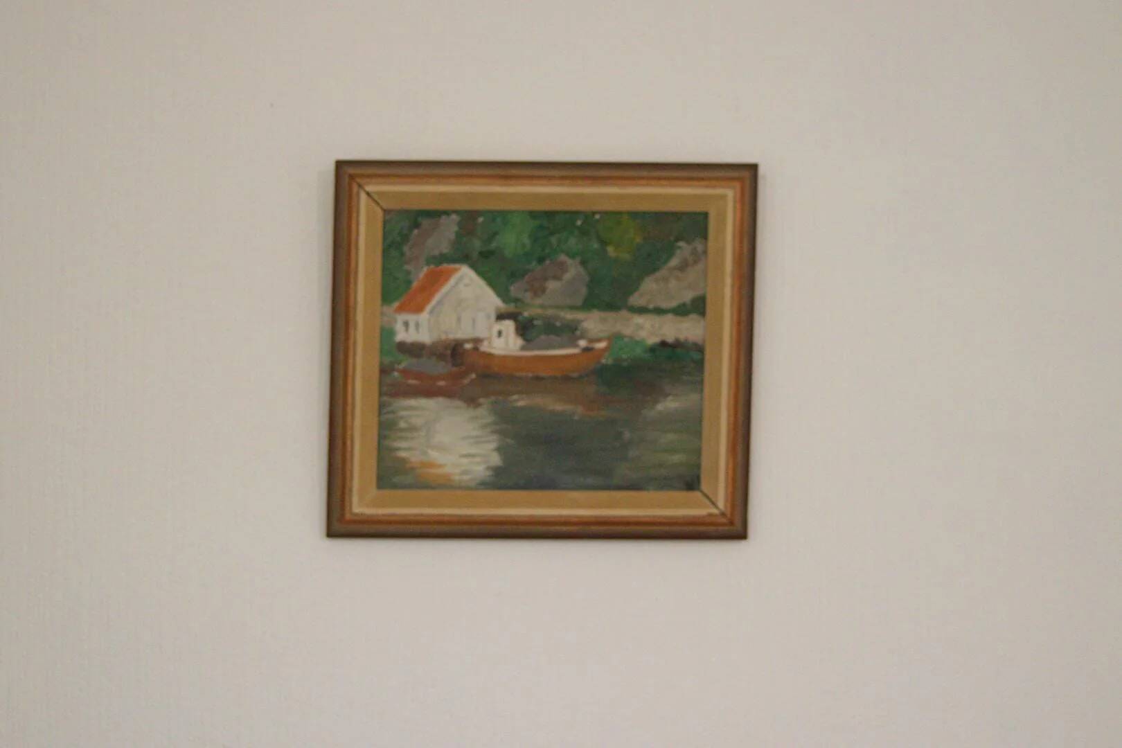 Huile sur toile originale européenne — Maison au bord du lac