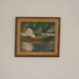 Huile sur toile originale européenne — Maison au bord du lac